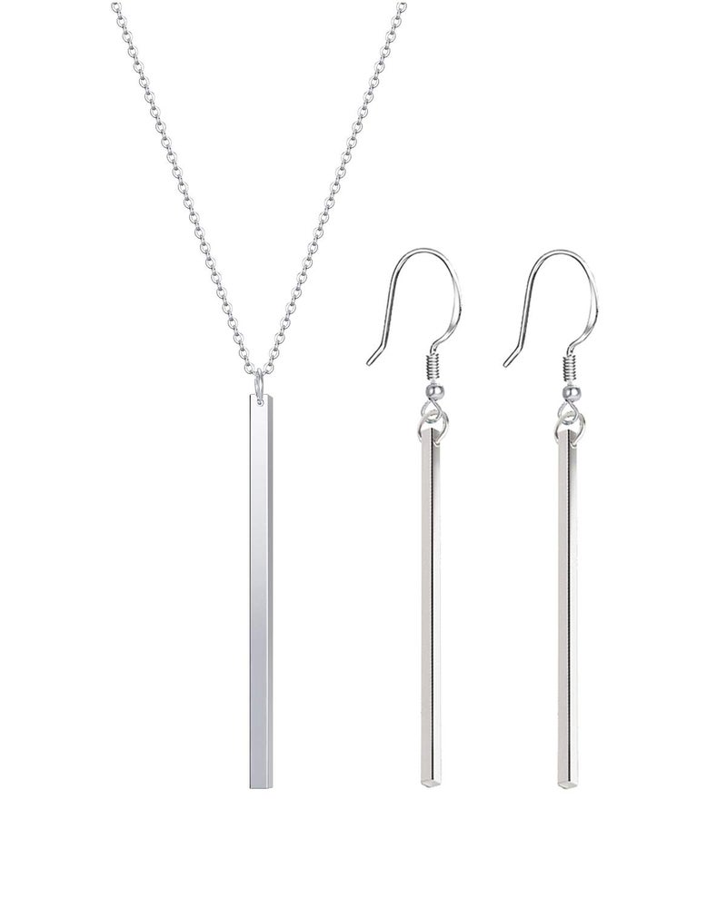 CULOVITY Simple Long Necklace Earrings Set Vertical Bar Pendant Necklaces Bar Drop Earrings Lariat Chain for Women, 2.4" Pendant 35" Chain Silver-Plated - Image 1